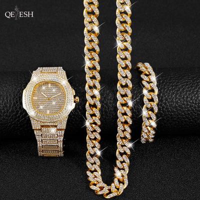 China Qetesh Hip Hop Calendar Steel Band Large Viable Diamonds Long Full Dial Diamonds Luxury Quartz Wrist Watch Bracelet Necklace for sale