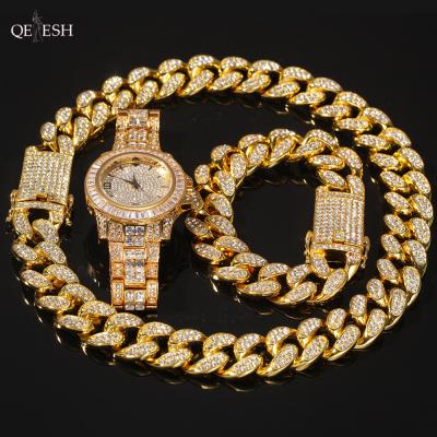 China Retro Jewelry Set Diamond Watch Fashion Zircon Designs All-match Qetesh Hip Hop Bracelet Necklace Viable Three-Piece Set Watch for sale