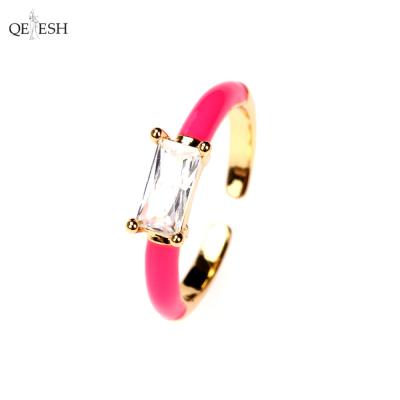 China Qetesh Viable Luxury Zircon Ring Square Diamond Delicate Ring Super Opening Finger Jewelry Snap Ring for sale