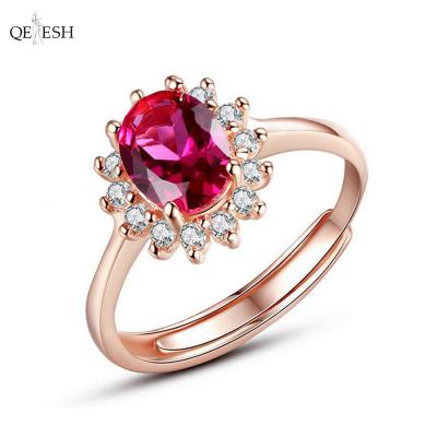 China Qetesh Viable Adjustable Rings Red 18k Rose Gold Plated Open Gemstone Crystal Ring Corundum Gemstone Ring for sale