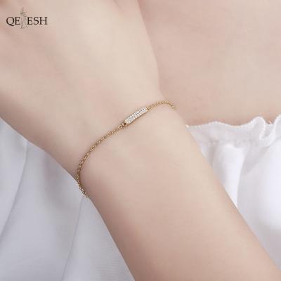 China Qetesh S925 Sterling Silver Plated 14k Solid Yellow Gold Diamond Inlaid Bar Chain Adjustable Bracelet for sale