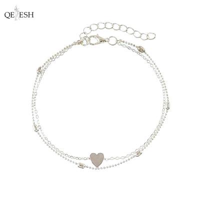 China Qetesh Viable Leg Chain Anklets Wholesale Simple Love Anklet Personality Double Layer Chain Heart Beach Single Anklet For Girls for sale