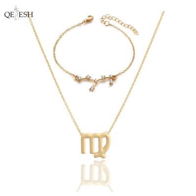 China Qetesh the Great Zodiac Necklace Constella Diamond Bracelet Set Viable Unique Fashion Gold Plated Alloy Zinc Jewelry Set for sale