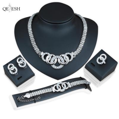 China Qetesh Fashion Crystal Sustainable Five-Ring Set Four-piece Necklace Earrings Bracelets And Rings Wedding Jewelry Set Dubai for sale