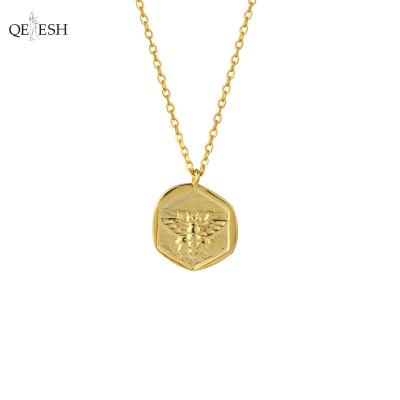 China Qetesh Low Price Viable Hot Sale Wholesale Engraved Gold Polygon Lock Necklace For Women Multilayer Necklaces for sale