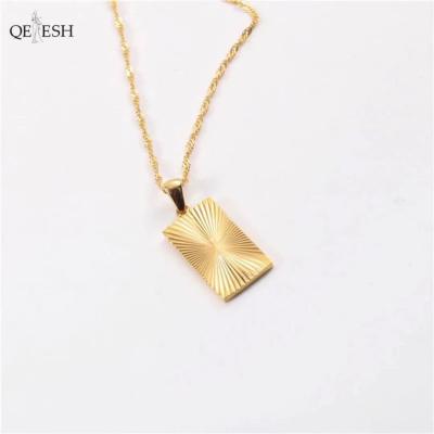 China Qetesh Sustainable Car Flower Square Necklace 18k Plated Pattern Necklace Round Bead Chain Titanium Steel Minimalist Pendant Necklace for sale