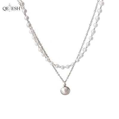 China Qetesh Multilayer Pearl Necklace Clavicle Chain Gold Double Viable Necklace For Women Chunky Necklace for sale