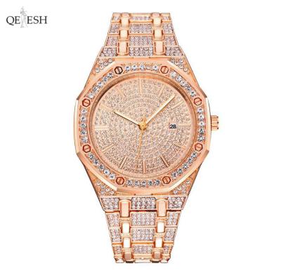 China Qetesh Men Quartz Wrist Watch Hip Hop Punk Watch DIVER Set Diamond Steel Band Watch + Diamond Bracelet Luxury For Men Chain for sale