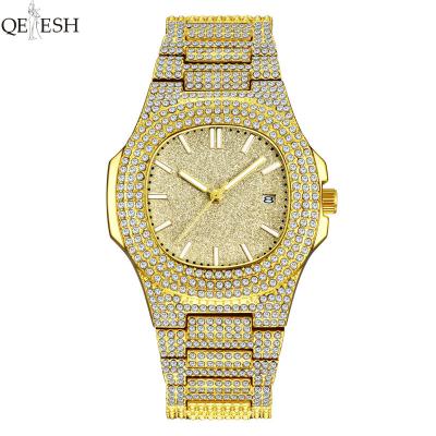 China Luxury Chronograph Qetesh Gold Mens Watches Fashion Alloy Band Hip Hop Quartz Watch With Diamond Inset For Men Wholesale for sale