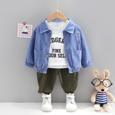 China 2022 Design Kids Boys Casual Casual Clothing Set 3 Pieces Children Set Jacket Denim Shirt Letter Pants Cargo Children for sale