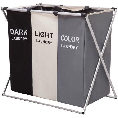 China Durable X-shape 3 Sections Foldable Laundry Hamper Dark Color Lightweight Dirty Clothes Bag for sale