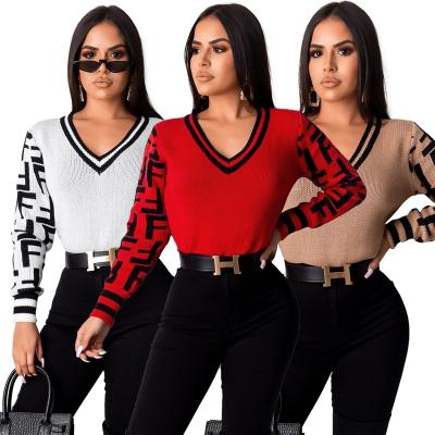 China 2020 new women's anti-pilling fashion v neck letter print mujer sweaters for women ladies winter sweater with high quality for sale