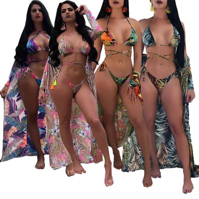 China 2021 Summer New Fashion Halter Neck Sexy Strap Ladies Breathable Multicolor Floral Three-piece Bikini Swimwear for sale