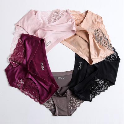 China Breathable Women Lace Up Nylon Side Underwear Seamless Breathable Briefs For Girls Ladies Cotton Crotch Solid Color Ice Silk Lace Panties for sale