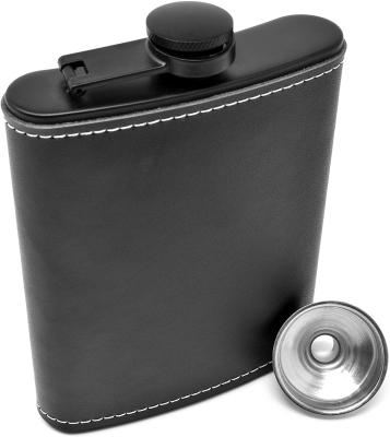 China Traditional 8oz Alcohol Black Hip Flask With Black Leather Case for sale