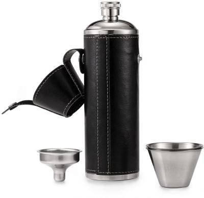 China Traditional Leather Wrapped Travel Hip Flask 10Oz With 2Oz Shot Glasses for sale