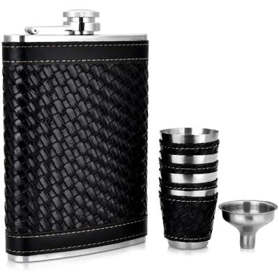 China CLASSIC Black 9oz Leather Wrap Hip Flask With Shot Glass Set for sale