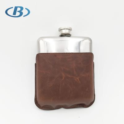 China New Design 6oz Metal Round Glossy Hip Flask With Leather Case for sale