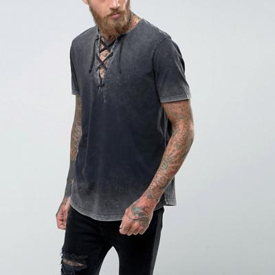 China Bulk Acid Wash Anti Pilling Vacuum T Shirts With Lace Up Neck For Mens T Shirt for sale