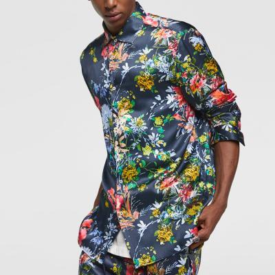 China Custom Plus Size Anti-pilling Shirts Flower Printed Satin Shirts For Men for sale