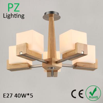 China C904-5 Oak wood ceiling lamp wood chandelier lighting with glass shade chrome finishing for sale