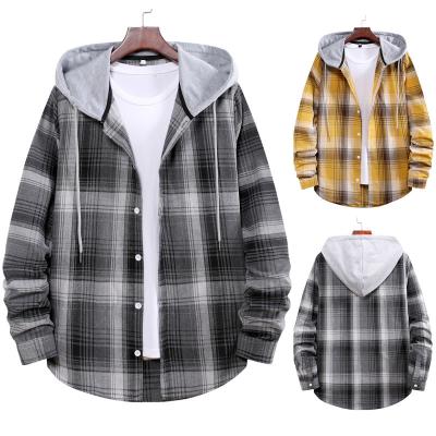 China Autumn Anti-pilling Coat Men's Yellow Plaid Hooded Shirt With Casual Long Sleeves for sale