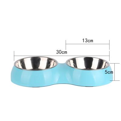 China Manufacturer Wholesale Pink Green Sustainable Blue Non Slip Travel Stainless Steel Cat Pet Dog Plastic Two Bowls for sale