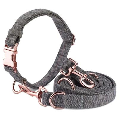 China Handcrafted High Quality Adjustable Soft Tweed Cotton Dog Collar Set Metal Padded Luxury Nylon Buckle Wool And 3 Way Leash Set for sale