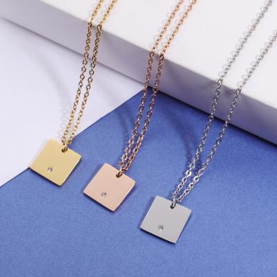 China 2021 Trendy Laser Engravable CZ Stone Square Necklace Stainless Steel Nameplate Pendant Necklace for sale