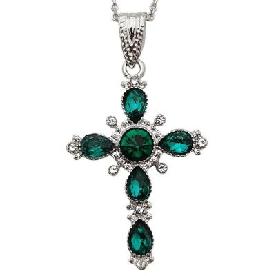 China Rhodium Plated Celtic Love Knot Necklace Religious Tiny Cross Pendant Green Crystals For Women for sale