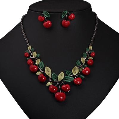 China BOHEMIA Fashion Women Red Enamel Cherry Green Leaves Necklace Earrings Jewelry Set For Party for sale