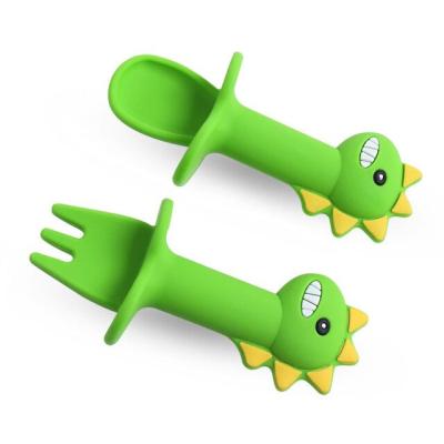 China 2 PCS Non-Toxic Dinosaur Silicone Baby Feeding Forks and Spoons Set Toddler Silicone Baby Training Feeding Spoons for Kids for sale