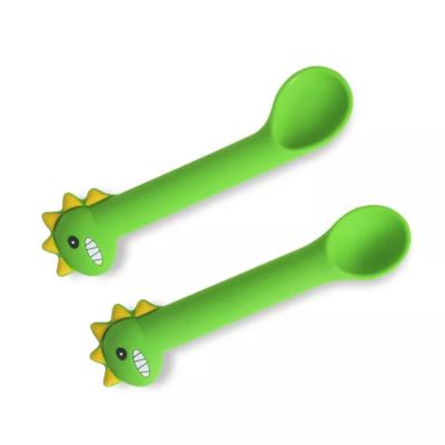 China Non-Toxic Dinosaur Toddler Cartoon Utensils 2Pcs Silicone Baby Training Feeding Spoons Set For Kids Tableware for sale