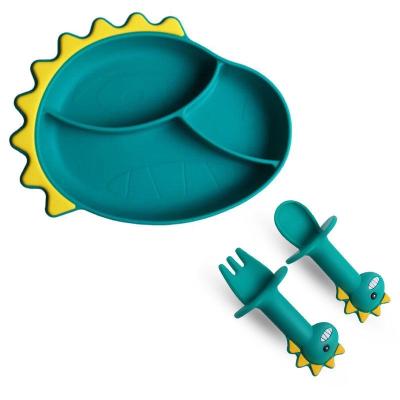 China 100% Eco-friendly Customized Dinosaur Shape Silicone Toddler Suction Plate For Baby With Spoon And Fork Self Feeding Exercising Set for sale