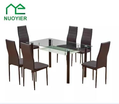 China Dining Set Modern Tempered Glass Metal Legs Dining Table Set Leather Dining Table 6 Chairs for sale