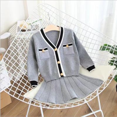 China Vintage Girl V-Neck Autumn Latest Children's Clothing Baby Suit Sweater Knit Short Skirt Two Sets Long Sleeve Two-Piece Outfits for sale