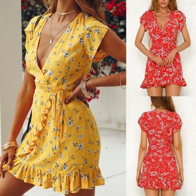 China 2021 Summer Breathable Women Short Sheath Floral Print Ruffle Dress V-Neck Casual Short Dresses for sale