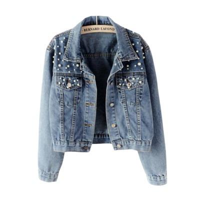 China Fashion Short Beaded Pearl Jacket Anti-wrinkle Autumn Ladies Loose Denim Jacket for sale