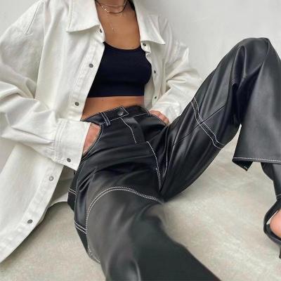 China 2021Fashion Casual Multi Pocket Pants Faux Leather Breathable Pants Women Black Loose Slim Side Slit PU Pants Pants Street Wear for sale