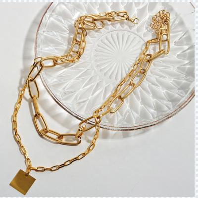 China TRENDY High Grade Double Layered Square Link Chain White Pendant 14k Gold Plated Stainless Steel Necklace for sale