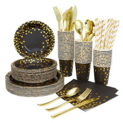 China Disposable Dinner Dessert Dish Party Tableware Set Supplies Tissue Cups Napkins Disposable Glitter Gold Forks Knives Spoons for sale