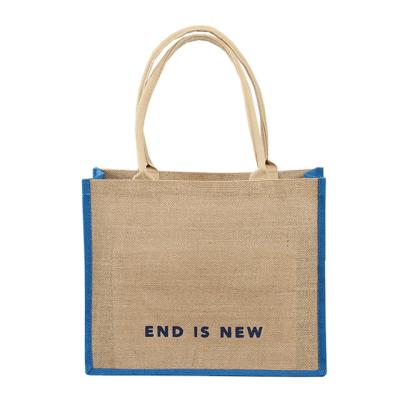 China Jute Tote Bag Cotton Rope Handle Reusable Jute Tote Wholesale Custom Logo Printed Large Handle Jute Tote Bag for sale