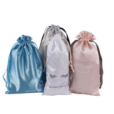 China Custom Wedding Colorful Blue White Luxury Drawstring Jewelry Small Printed Logo Silk Drawstring Satin Hair Bag Pouch for sale