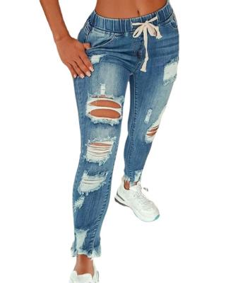 China Waterproof Drawstring Women Jeans Denim 2021 Plus Size Skinny Ripped Ladies Jeans For Women Mom Stretch Hole Full Length Denim Pants for sale