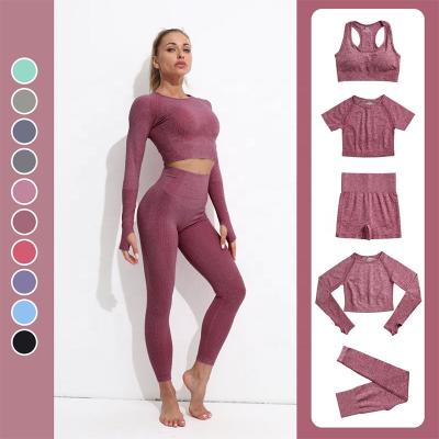 China Breathable Streetwear Workout Women Yoga Sets 2/3/5PCS Seamless Long Sleeve Crop Top Gym Fitness Leggings Sportswear Sports Suit for sale