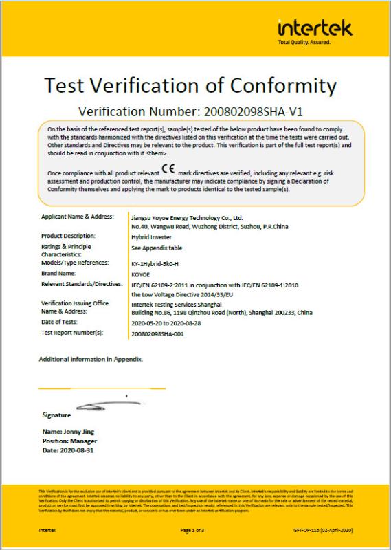CE - Jiangsu Koyoe Energy Technology Co., Ltd.