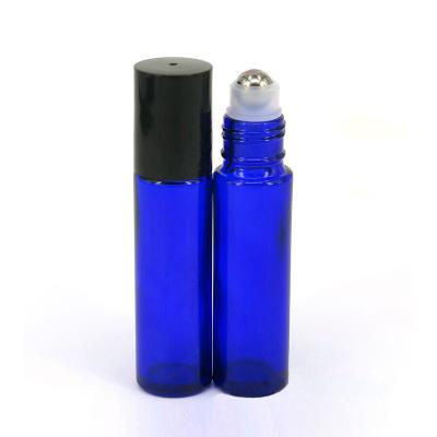 China 10ml Glass Cosmetic Essential Oil Blue Roll On Bottle Cosmetic Packaging With Glass Rollerball for sale