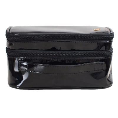 China Wholesale Black Cosmetic Bag Glossy PU Material Cosmetic Bags And Black Bistratal Cosmetic Case Bag With Handles for sale