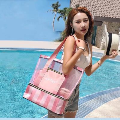 China Outdoor Large Capacity BSCI Bag Set Summer Beach Bag Mesh Striped Tote Cosmetic Bag for sale