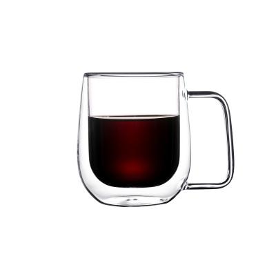 China 250ml Capacity Disposable High Borosilicate Material Glass Handle Double Wall Glass Clear Coffee Mug for sale